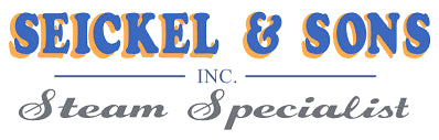 Logo of Seickel & Sons Inc., a steam specialist, with blue and orange text on a white background.